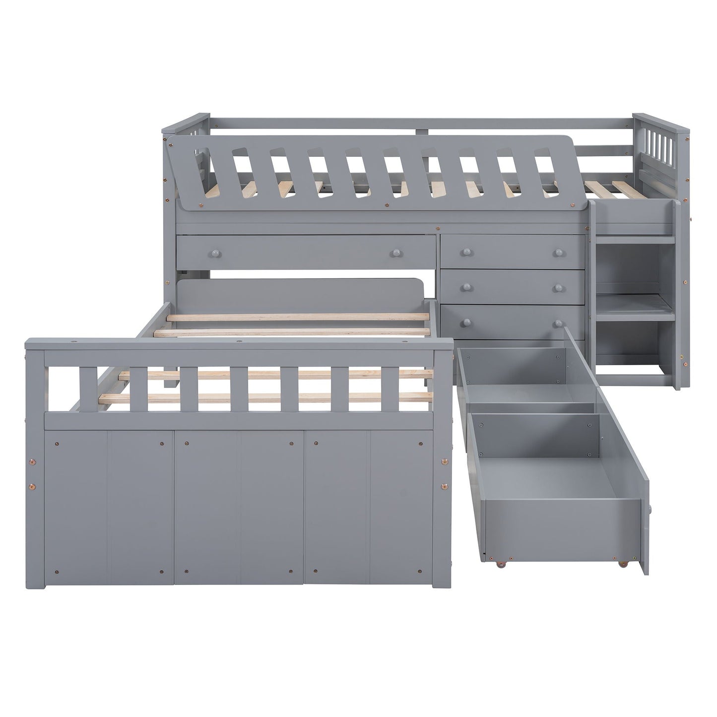 Loft Platform Bed With 7 Drawers And Full Guardrails, Modern L Shaped Space Savin