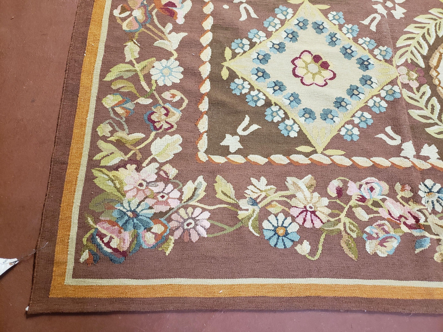 Aubusson Rug 6 x 9 Flat Weave Area Carpet European Design Flowers New Brown Rug Handmade Wool Hand-Knotted Aubusson Weave Medium Rug 6x9