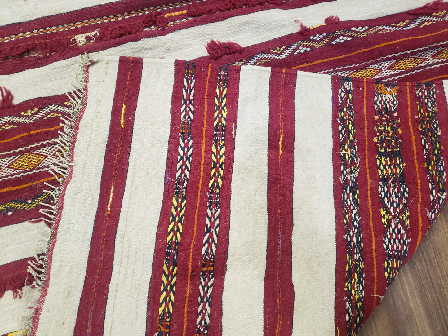 Antique Turkoman Yamud Rug 3x5 ft, 1920s Turkmen Sofreh Table Cover, Bohemian Rug, Tribal Collectible, Striped Rug, Handmade Ivory and Red