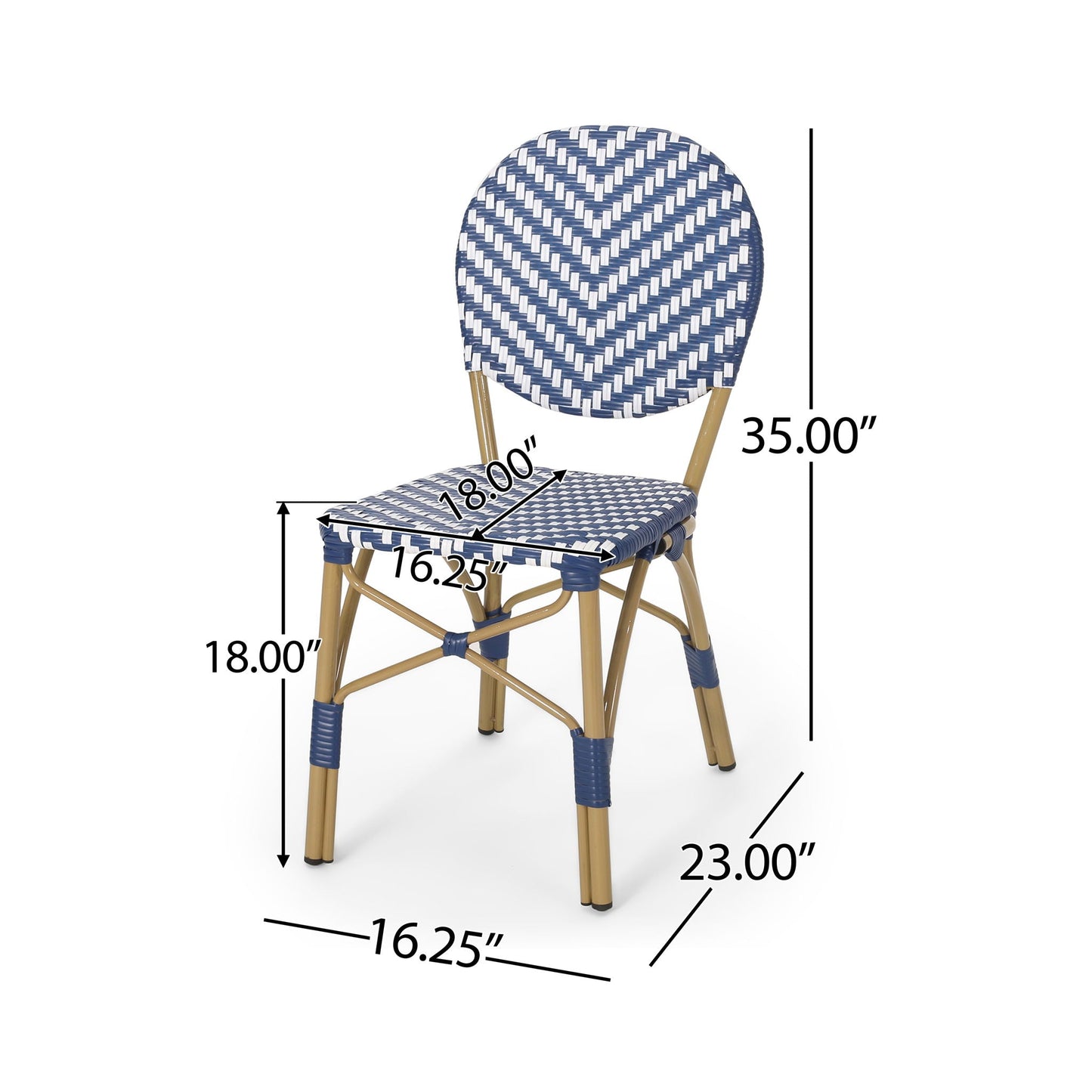Outdoor Rattan and Aluminum French Armless Bistro Chairs Set of Two - Navy Blue and White