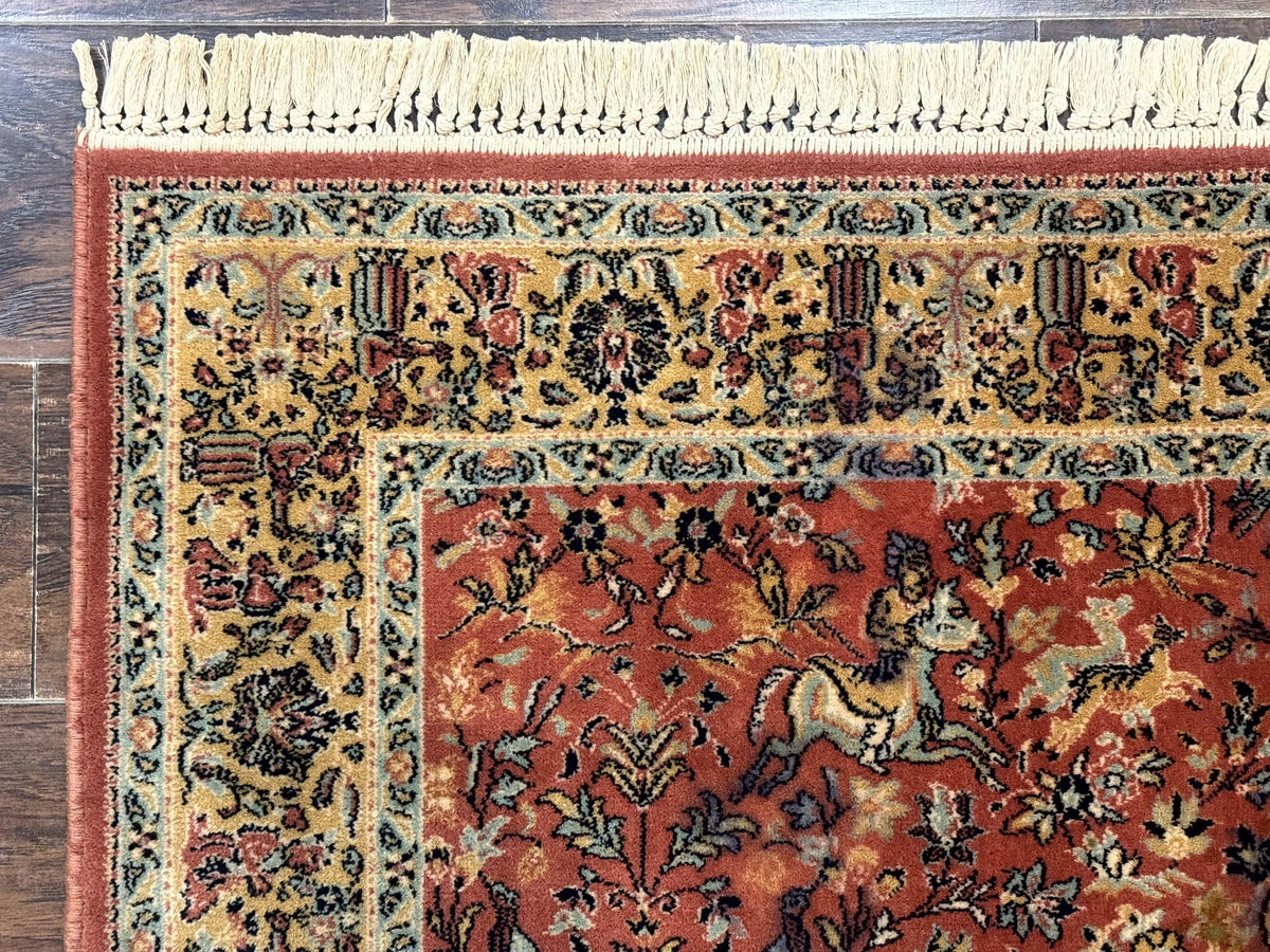 The Sporting Estate Antique Belgian Hunting Scene Rug — Red-Orange & Teal