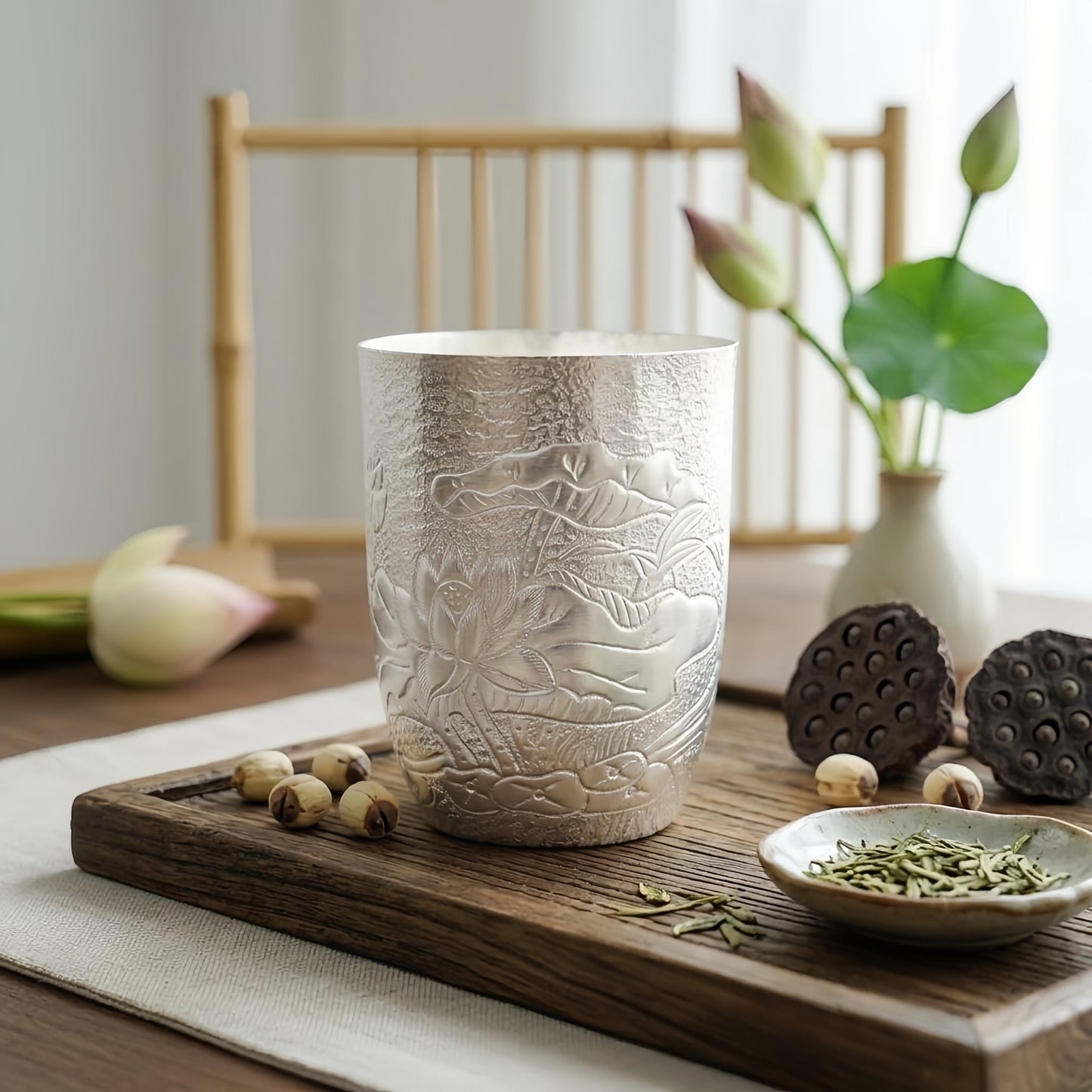 Pure 999 Fine Silver Exquisite Hand-Hammered Silver Tumbler with Intricate Lotus Relief Carvings - Handicraft
