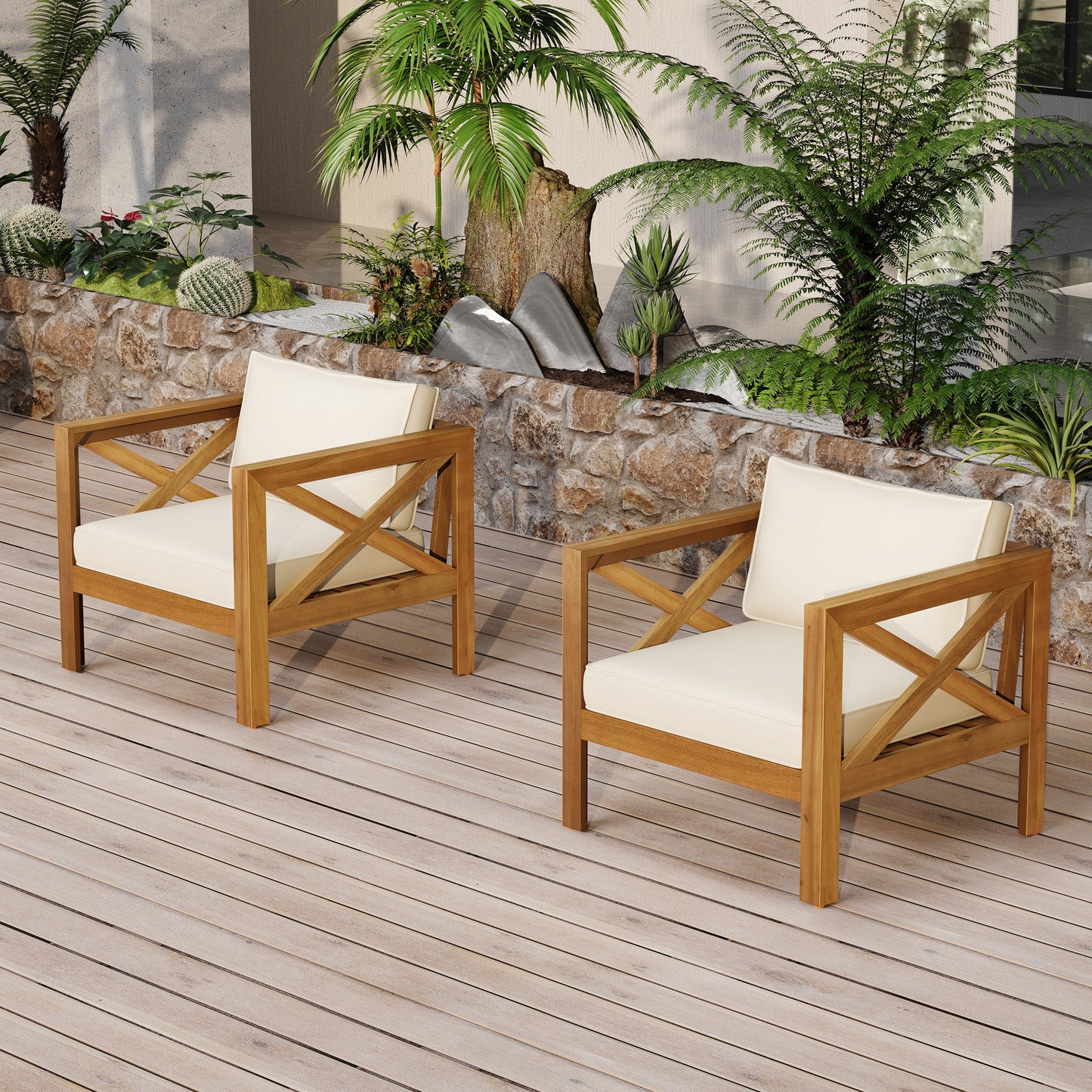 Patio Conversation Set Modern Acacia Wood Teak Finish 2 Armchairs and Table