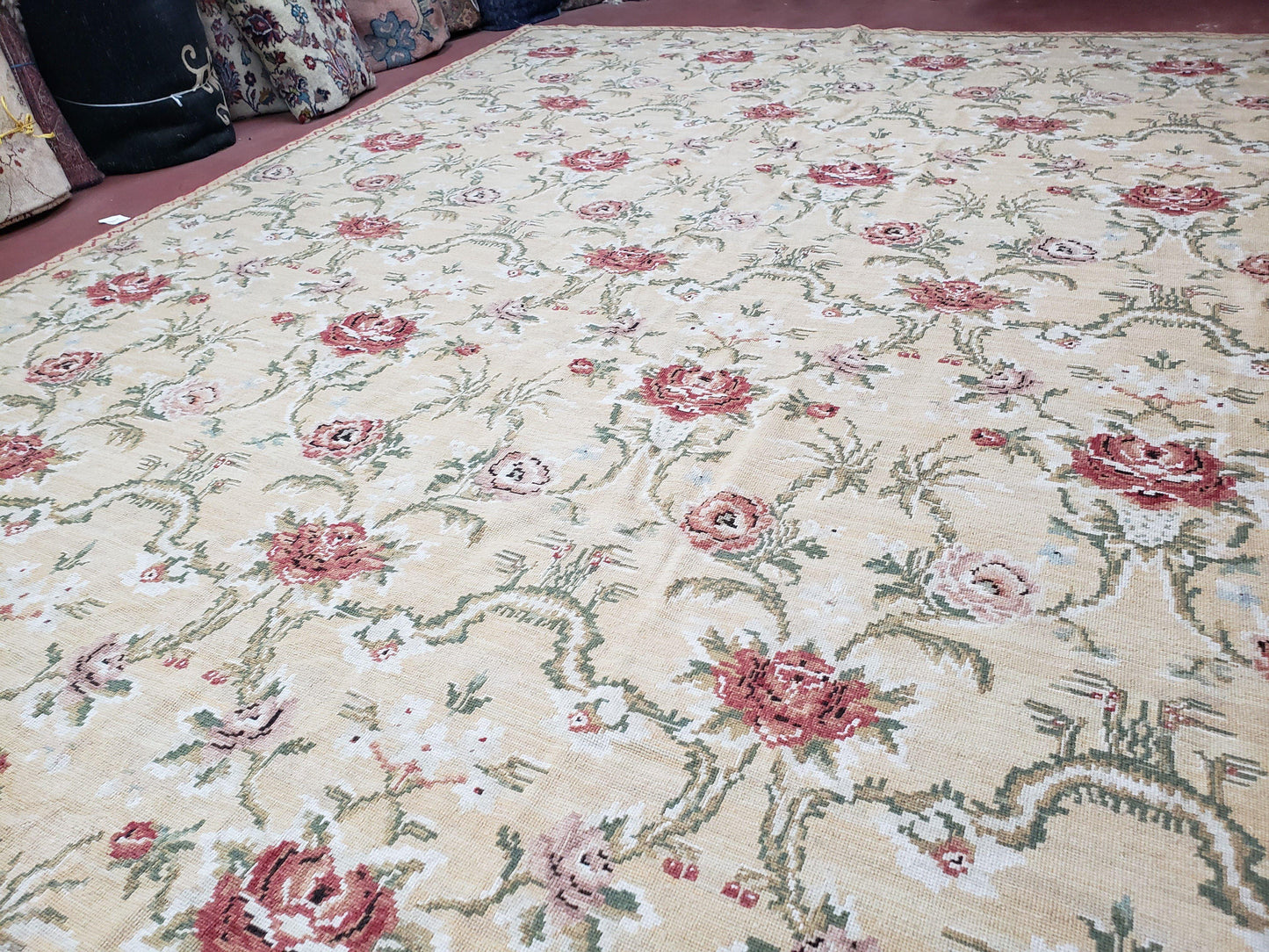 Needlepoint Rug 10x14 Wool Flatweave Carpet, English Floral Pattern, Pale Yellow, Roses, Allover Pattern, Handmade Large Needlepoint Nice