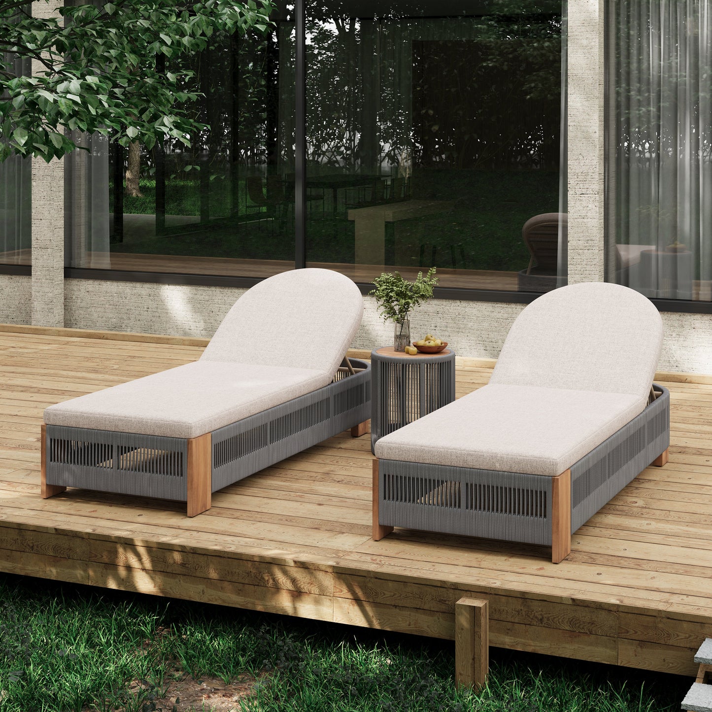 Outdoor Rope Chaise Lounge Set with Adjustable Backrest Teak Look Side Table
