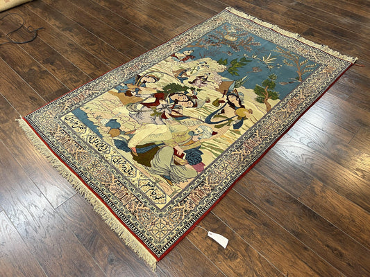 Vintage Persian Qum Pictorial Rug 5x7 - Wool & Silk