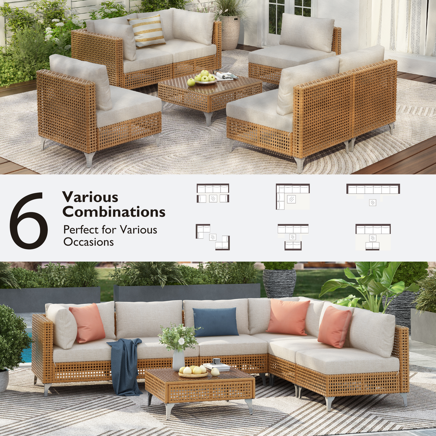 Patio Set Wicker Sectional with Water Resistant Beige Cushions and Coffee Table