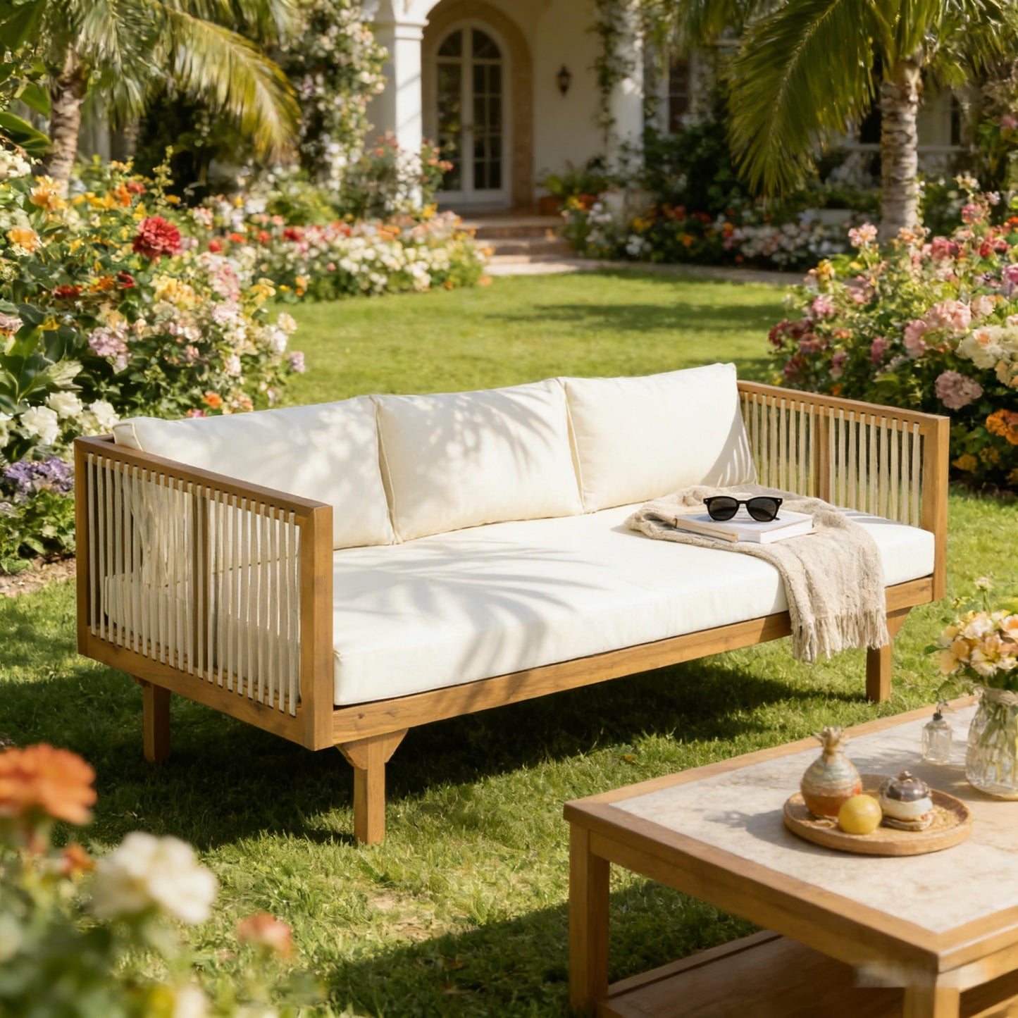 Outdoor Patio Sofa Rope Beige Cushions Teak Finish Acacia Wood