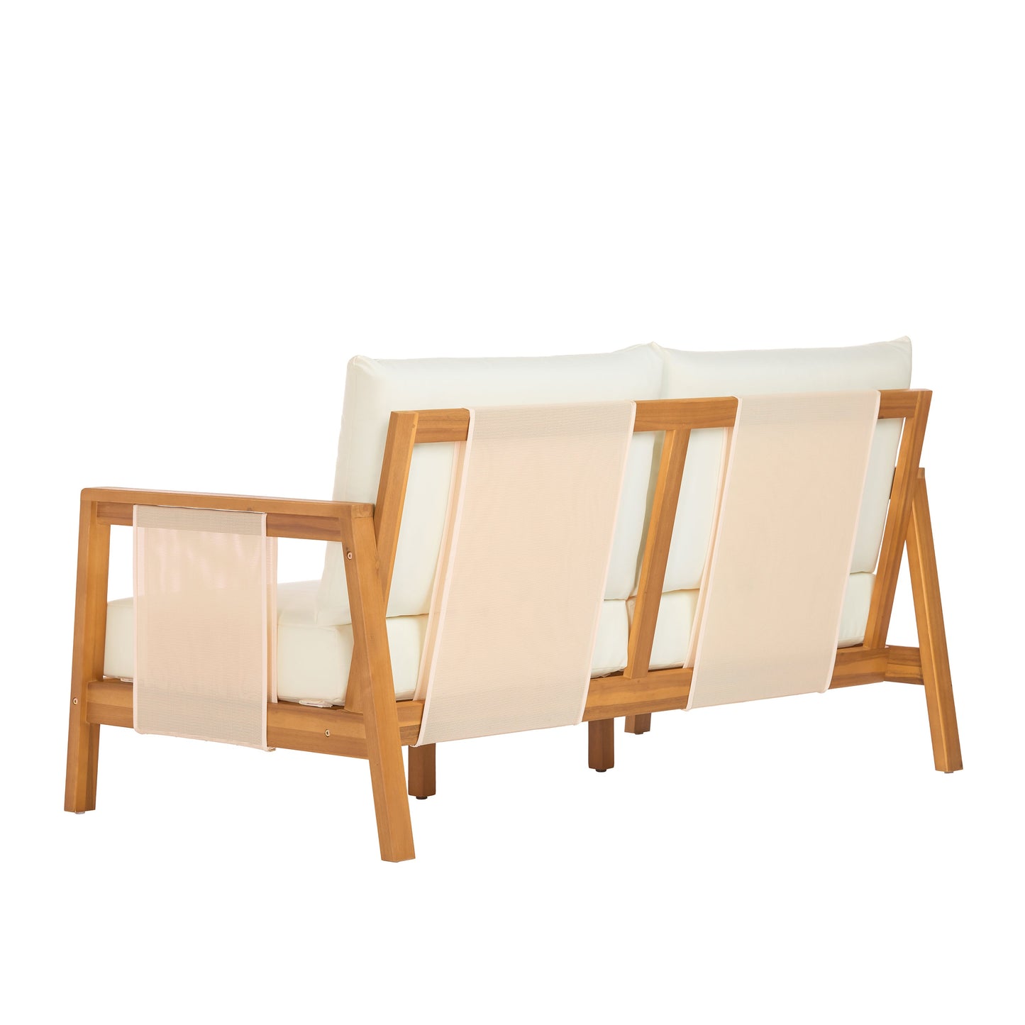 Outdoor Sofa Set Two Piece Acacia Wood Teak Finish Beige Cushions Coffee Table