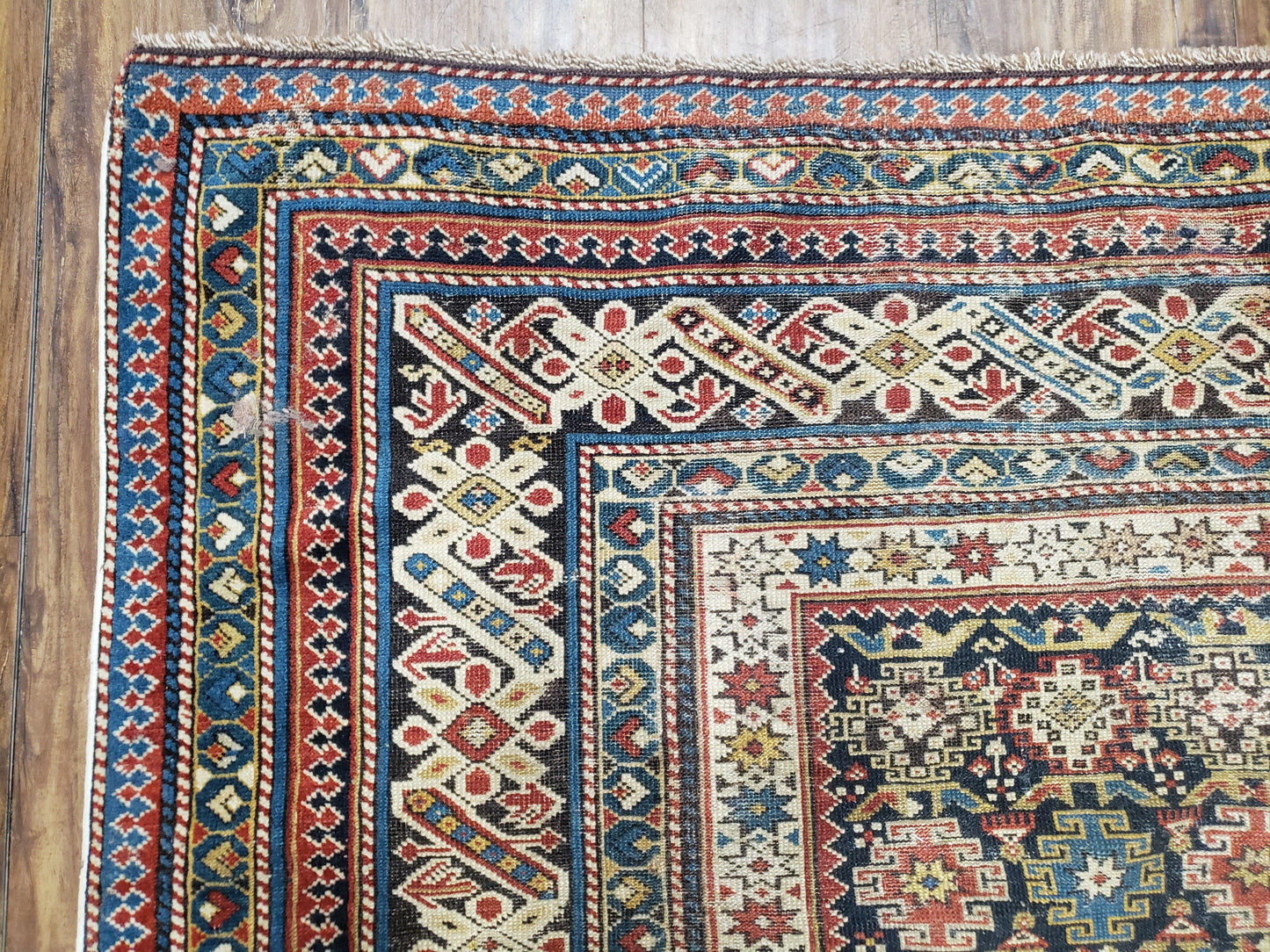 Caucasian Rug 3'9" x 5'7", Antique 1920s Collectible Caucasian Chi Chi Carpet, Hand Knotted, Colorful, Dark Blue Cream Red, Wool, Small Rug