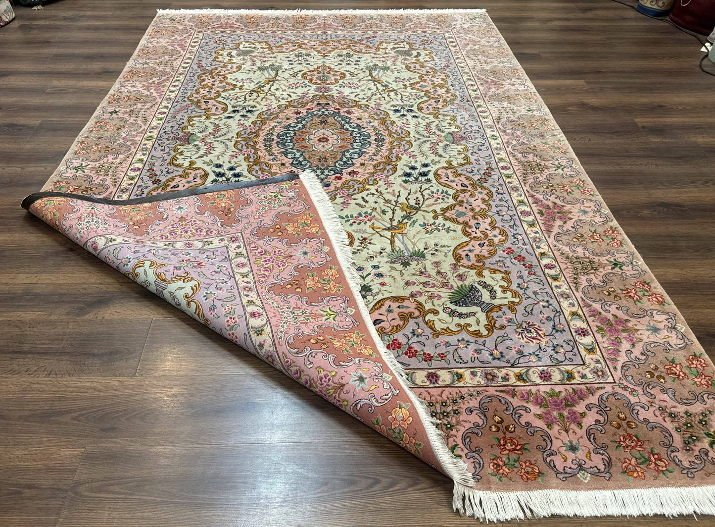 Wonderful Persian Tabriz Rug 7x10, Very Fine 330 KPSI, Light Green Light Blue Pink, Kork Wool Silk Foundation, Bird Pictorials