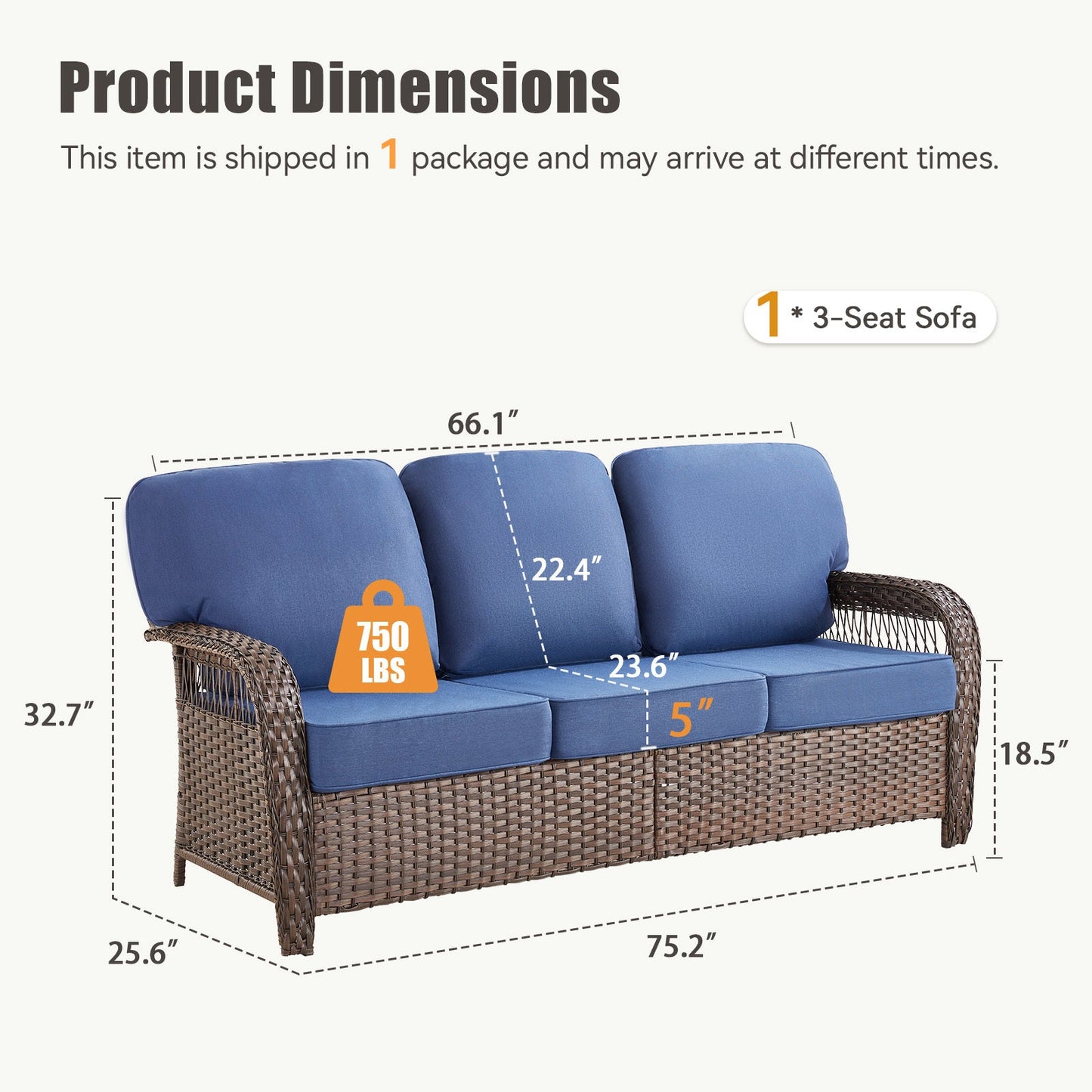 Outdoor Sofa PE Wicker Blue 3-Seat 75 in with T-Back Cushions