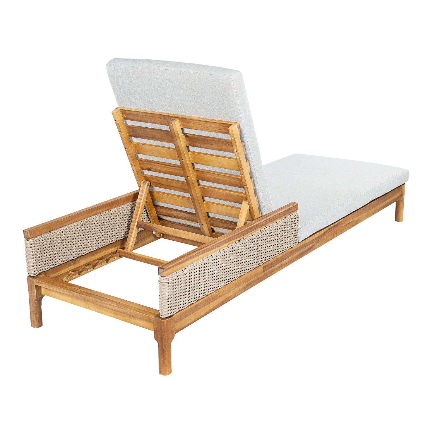 Sun Lounger Set Modern - Acacia Wood, Grey Cushions, Light Grey Wicker, 76.8in