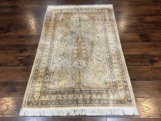 Turkish Kayseri Silk Rug 4x6, Tree of Life Pattern, Vintage Handmade Hand Knotted Carpet, Animal Pictorials, Birds