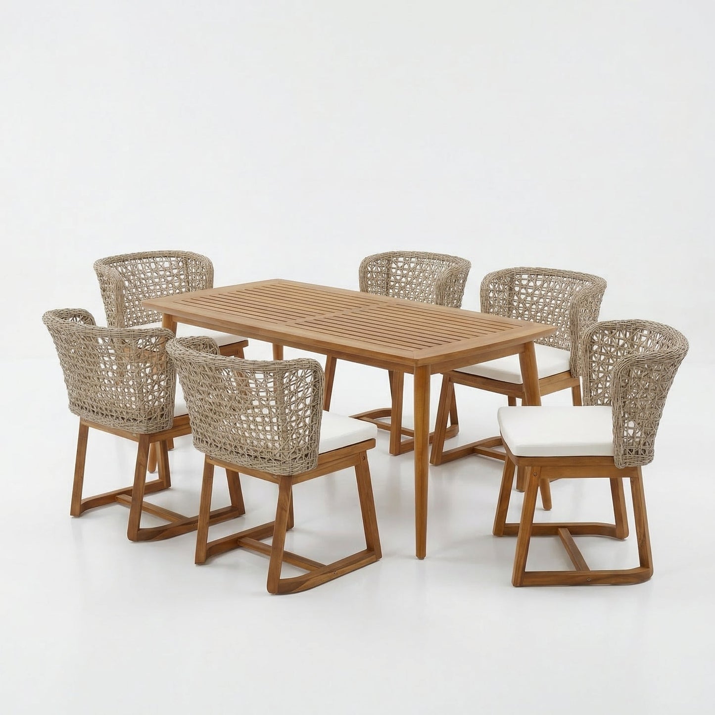Outdoor Patio Dining Set with Acacia Table and Wicker Chairs Beige Cushions