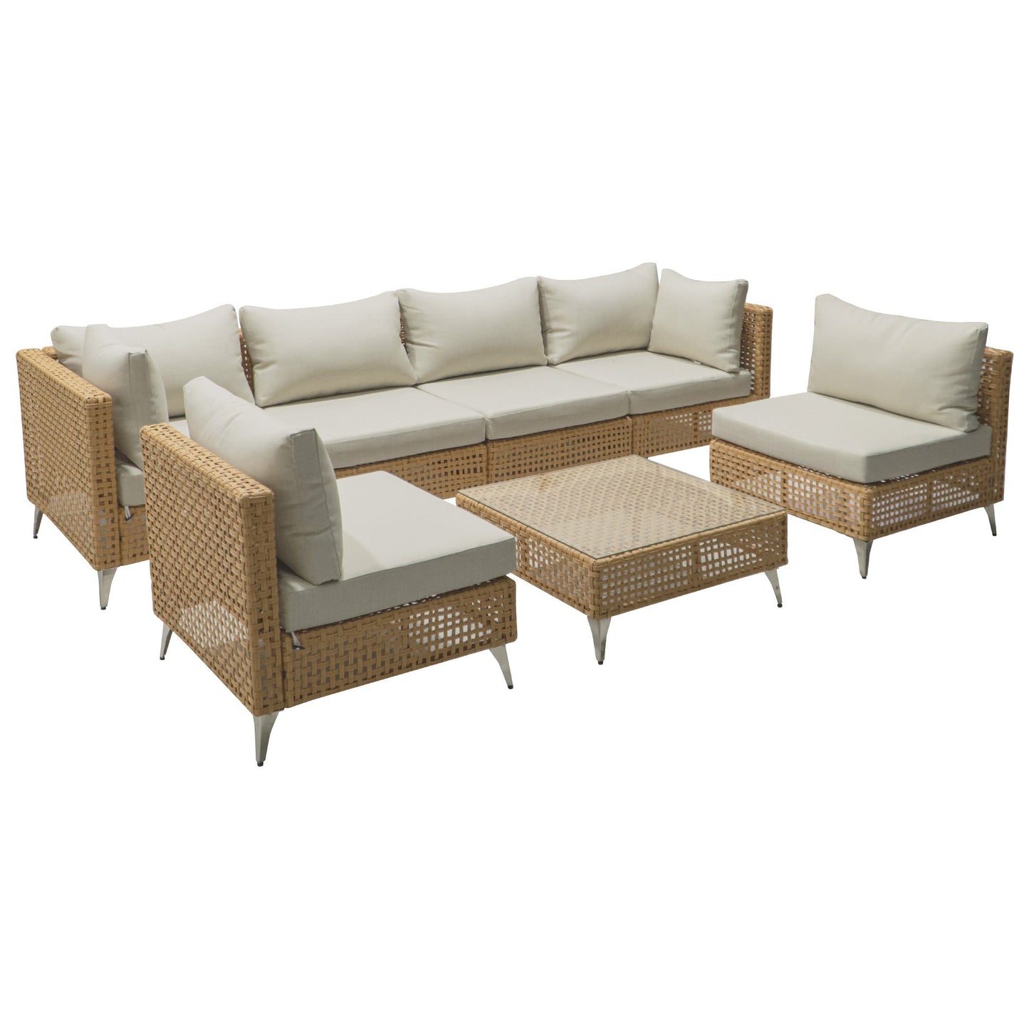 Patio Set Wicker Sectional with Water Resistant Beige Cushions and Coffee Table
