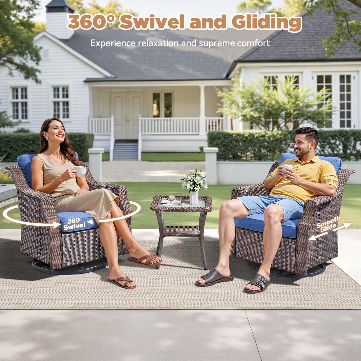 Outdoor Conversation Set PE Rattan Blue 3-Piece Seats 2 with Side Table