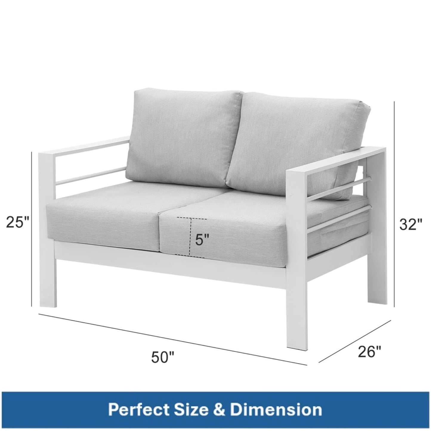 Outdoor Loveseat Aluminum White Gray Cushion 50in 600 lb Capacity