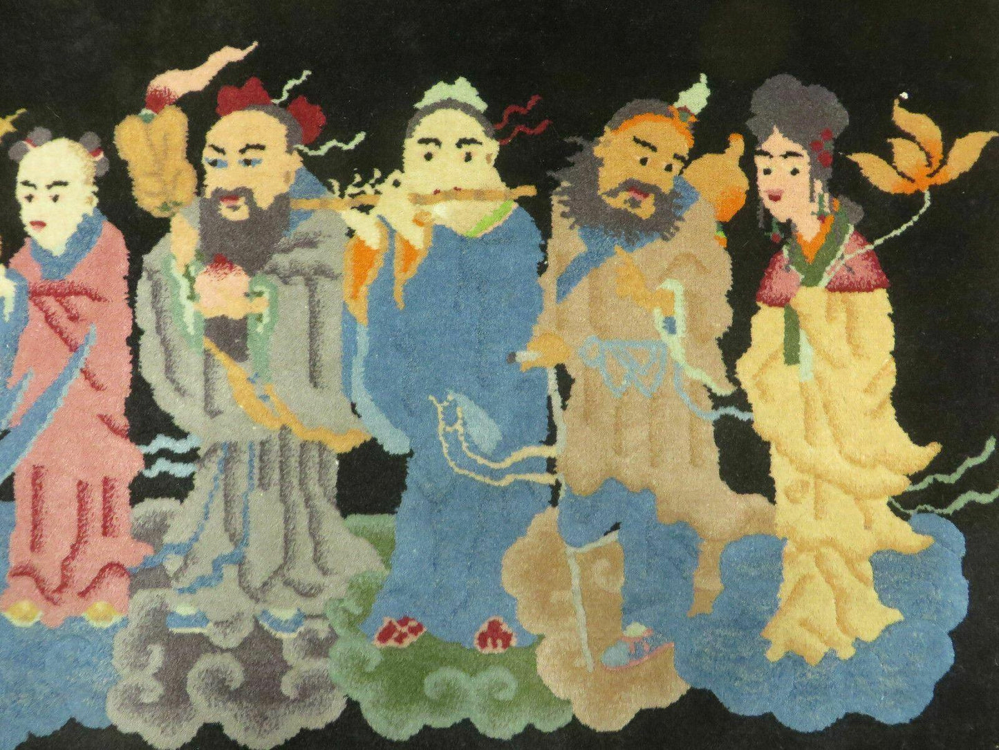 Chinese Wool Pictorial Rug 3x6 Counsel of Wise Elders Philosophers, Vintage Hand Knotted Black Chinese Carpet, Swan, Clouds Confucius, Rare