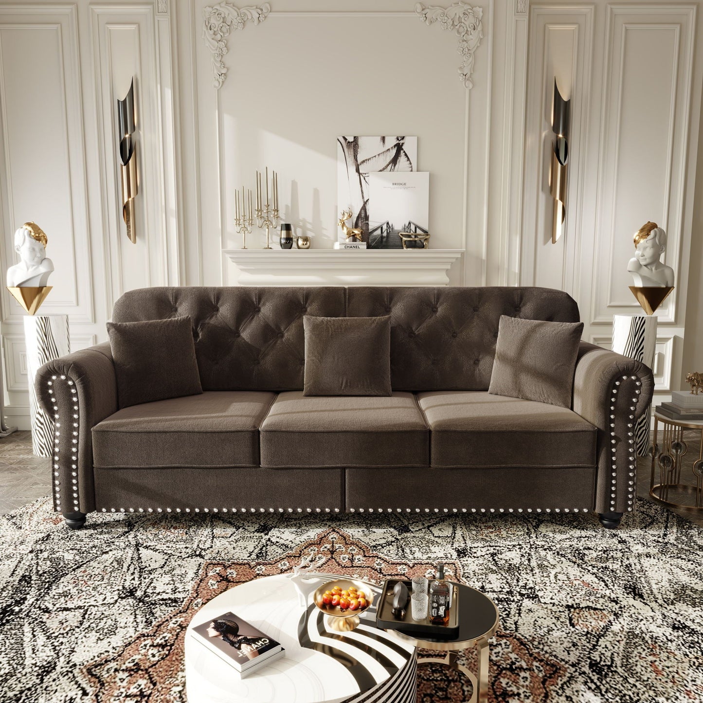 Upholstered 3 Seater Sofa Set With Ottoman