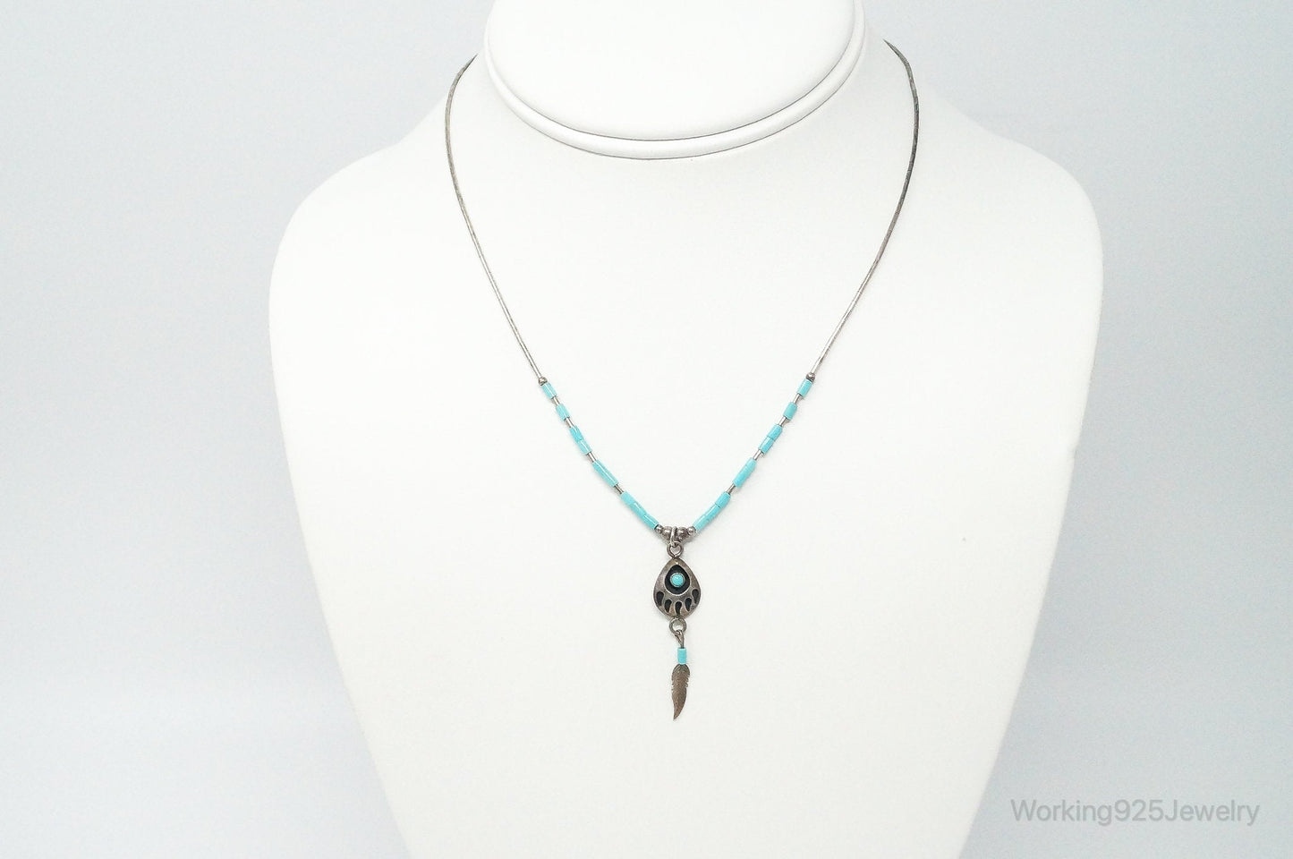 Vintage Native American Turquoise Bear Paw Sterling Silver Bead Necklace