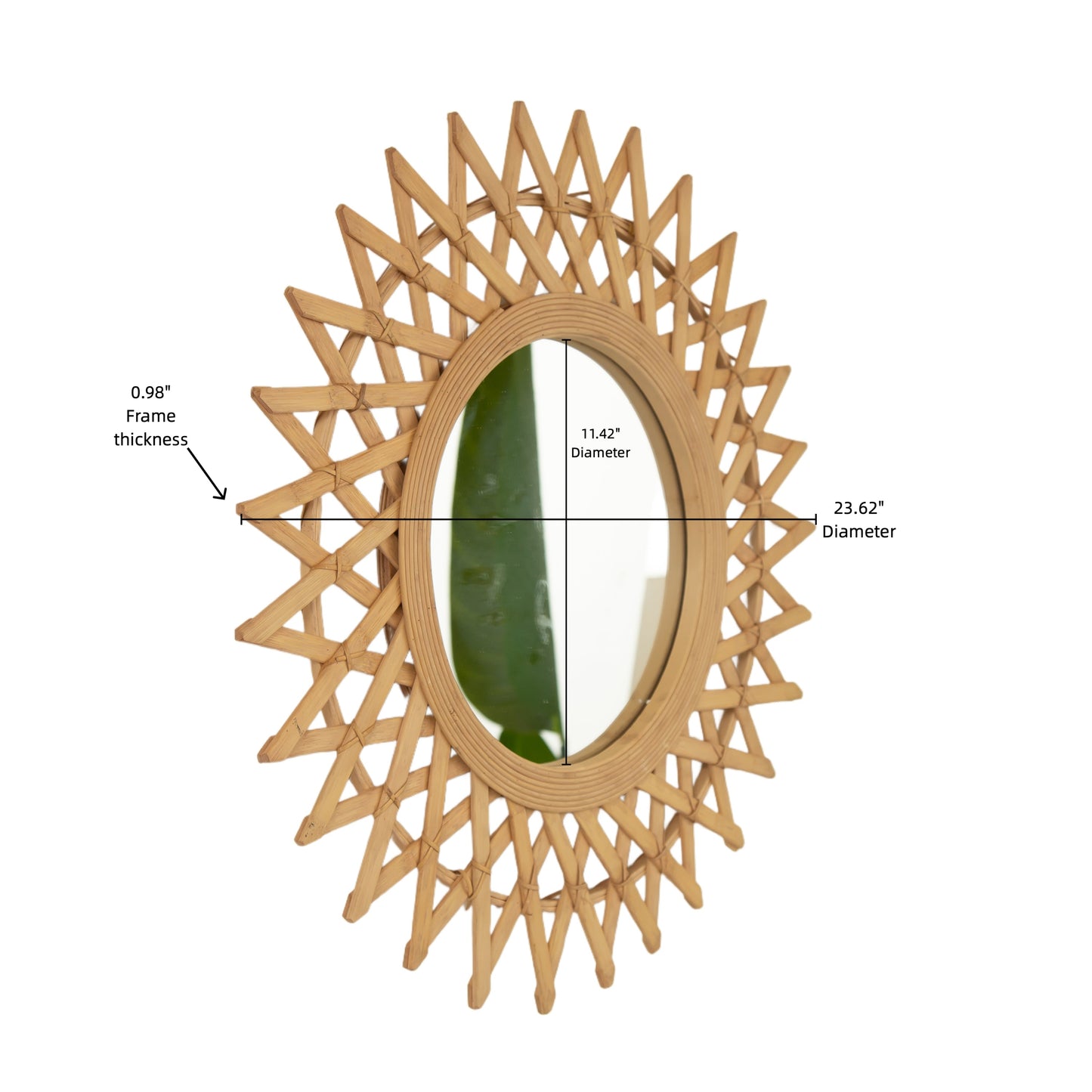 Wall Mirror Round Bamboo Hemp Rope Diamond Pattern Natural Boho 23.6 In