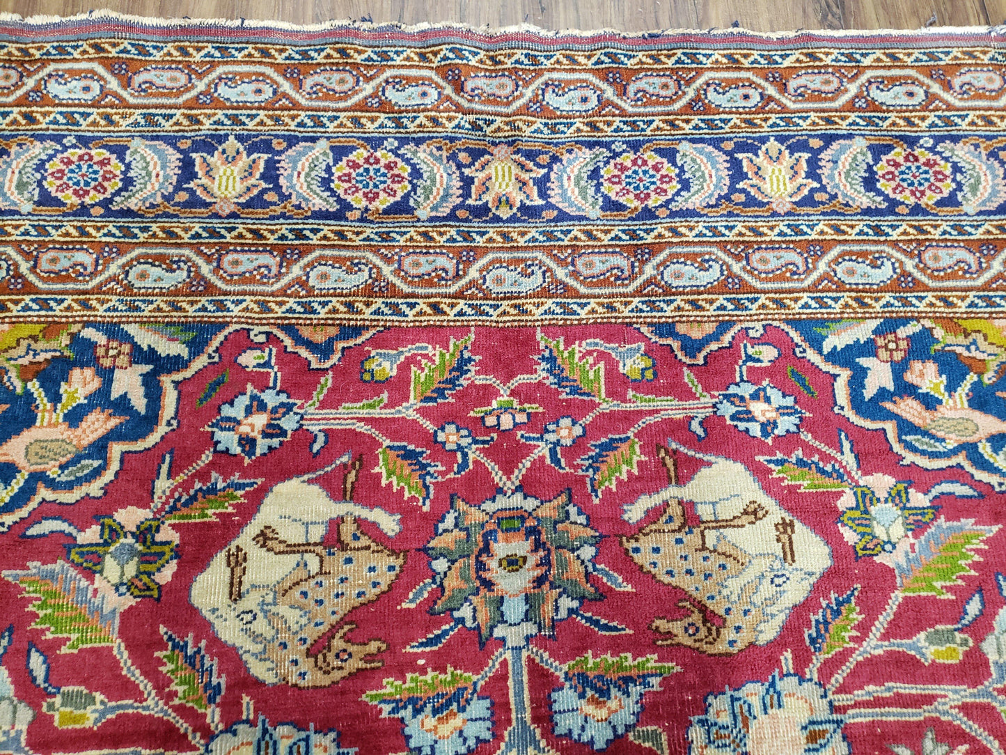 Antique Turkish Sivas Area Rug 8x11, Hand-Knotted, Vintage Red Wool Carpet, Gazelles Lions, Boteh Border, 8' x 11' Top Quality Oriental Rug