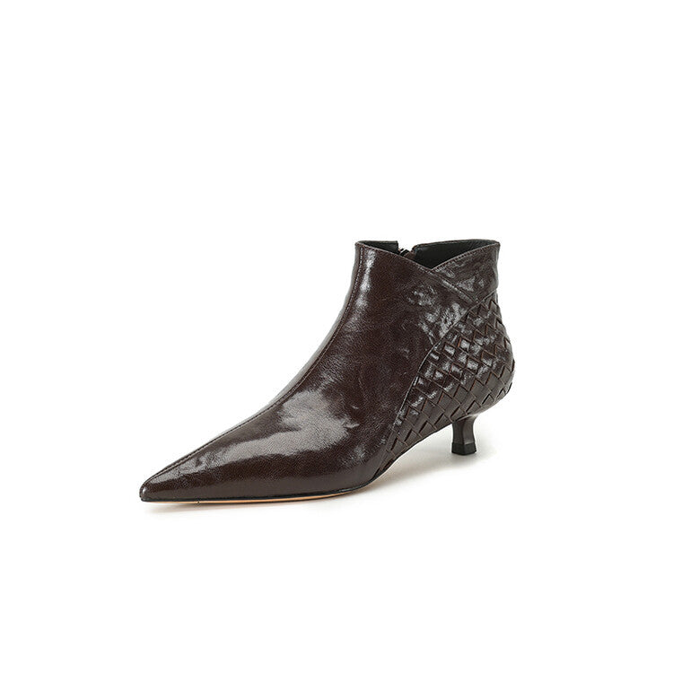 Women's Woven Full-Grain Sheepskin Ankle Boots | Pointed Toe Side Zipper Low Heel