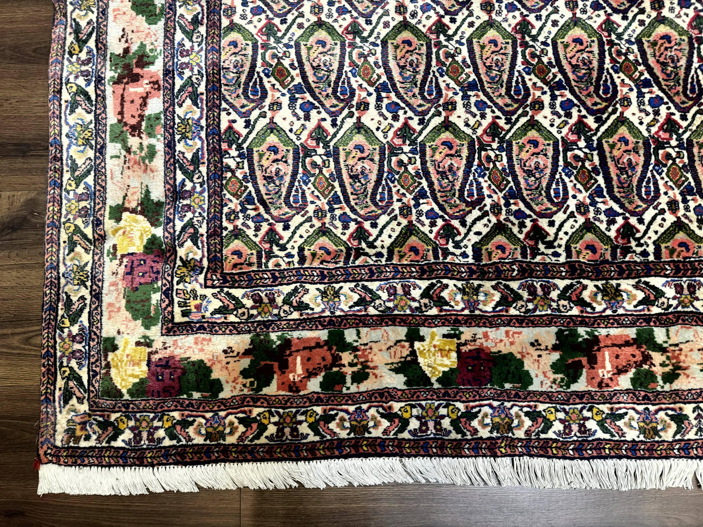 Persian Kurdish Rug 8x11, Repeated Allover Boteh Paisley Design, Bird Pictorials, Rare Antique Sannadaji Carpet