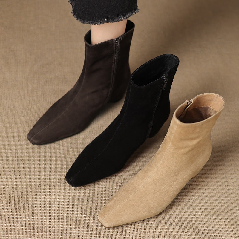Women's Ankle Boots With Height Lift, Side Zipper & Fleece Lining | Square Toe Block Heel