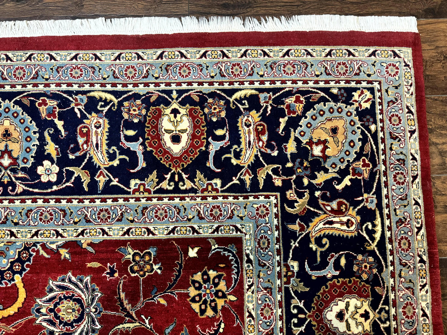 Pak Persian Rug 9x12, Red and Navy Blue, Floral Allover, Hand Knotted Vintage Wool Carpet, Fine 260 KPSI