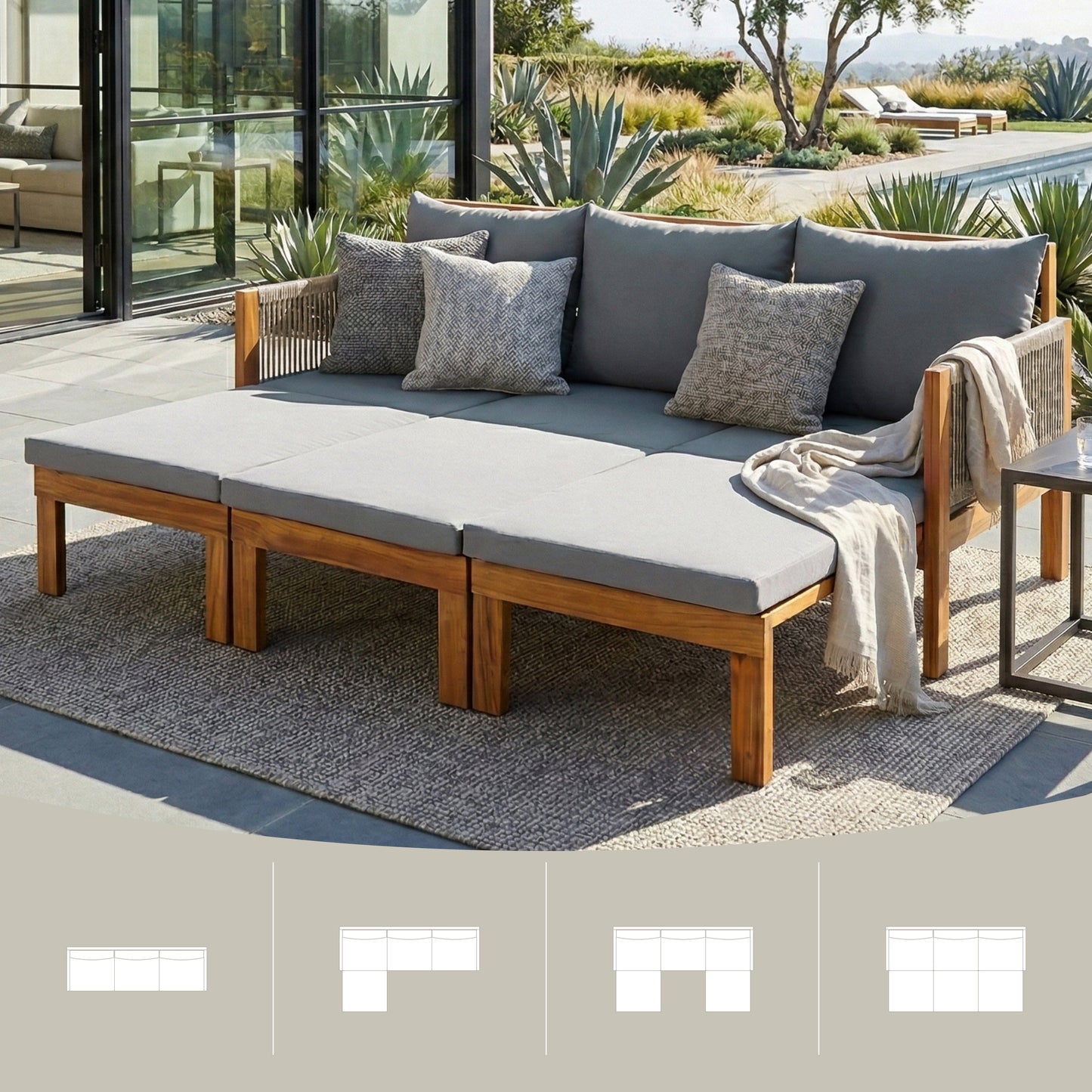 Chaise Lounge Acacia Wood Rope Natural Gray Cushion Convertible 3 Seat