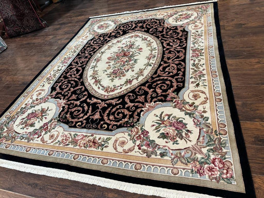 Aubusson Rug 8x10, Floral, Wool Pile, Elegant, European Design, Handmade, Fine