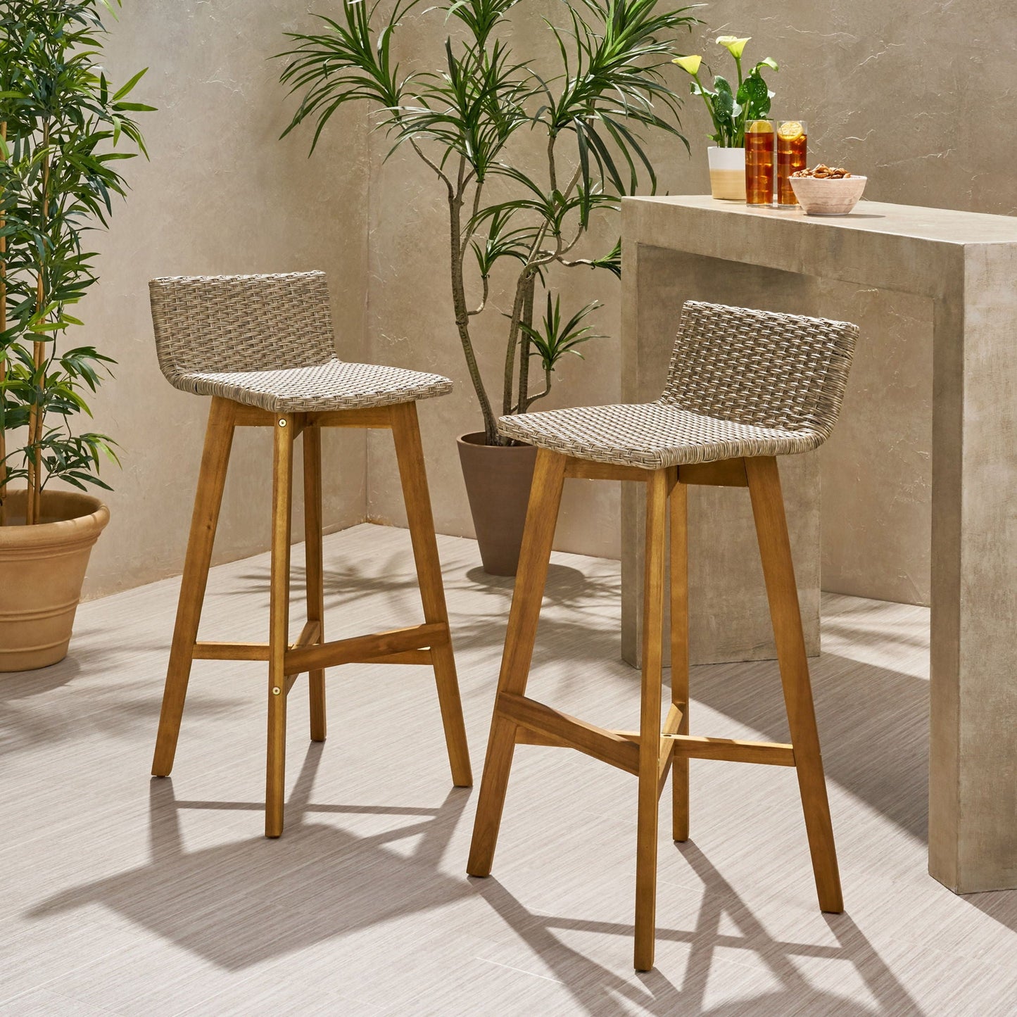 Equinox - Outdoor Barstool With Rattan Wicker Top And X Stretcher Frame (Set of 2)