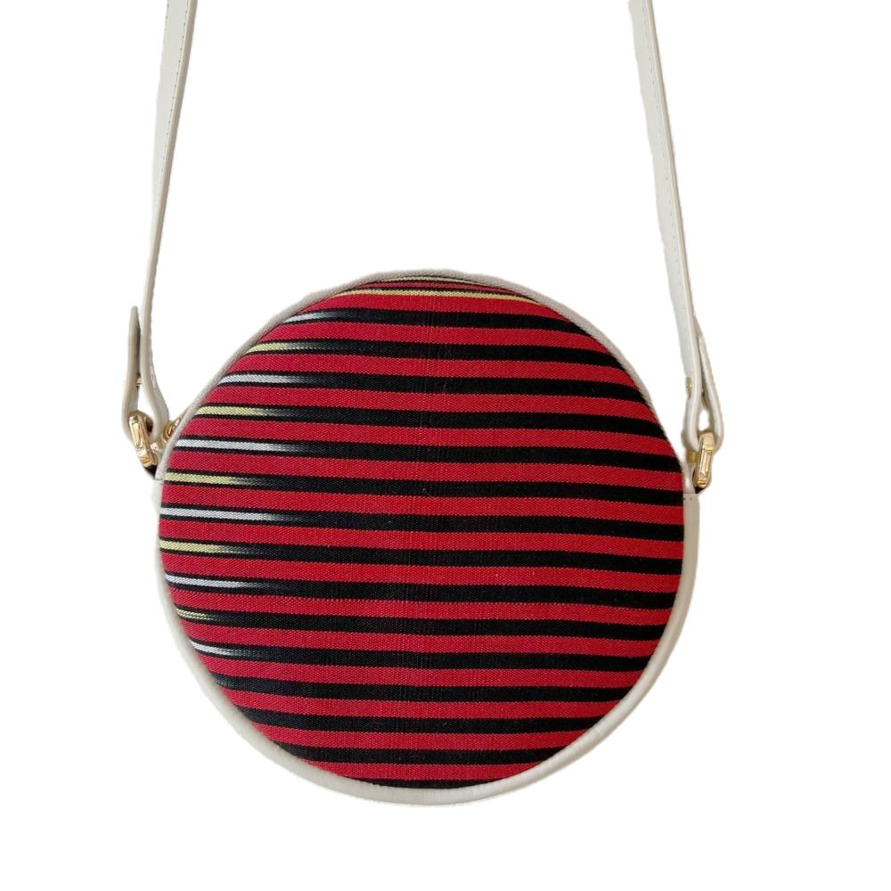 Beige Genuine Leather & Striped Fabric Pattern Crossbody Bag