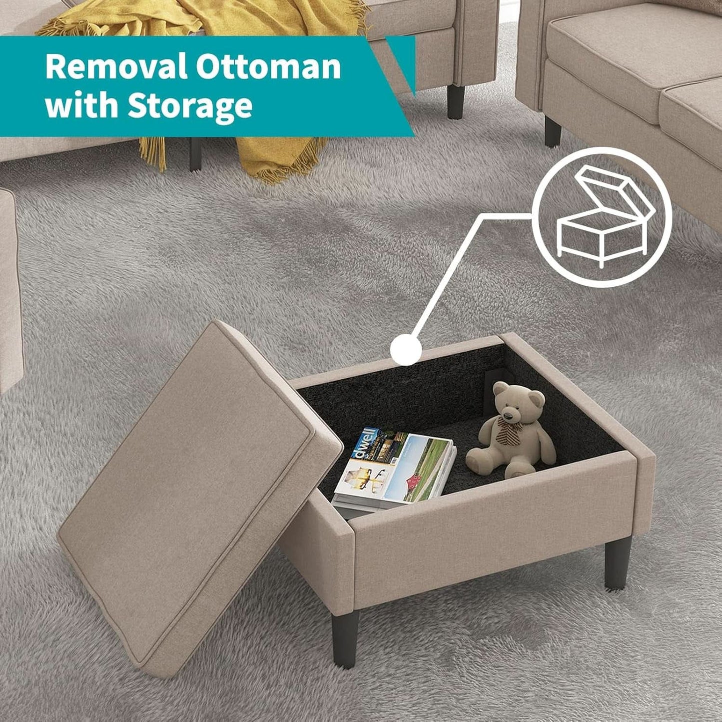 Beige Sectional Sofa Set With Movable Storage Ottoman