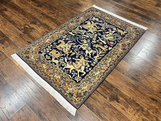 Persian Qum Hunting Design Rug 4x5, Wool Hand Knotted Vintage Oriental Carpet, Navy Blue & Mustard, Horsemen Animal Pictorials, Rare