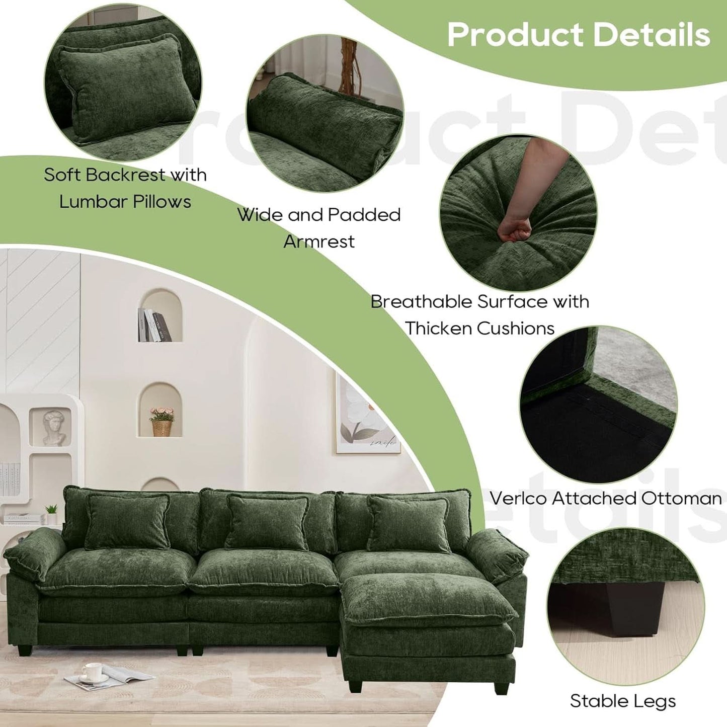 120Inch Green Modular Sectional Sofa Featuring Ottoman