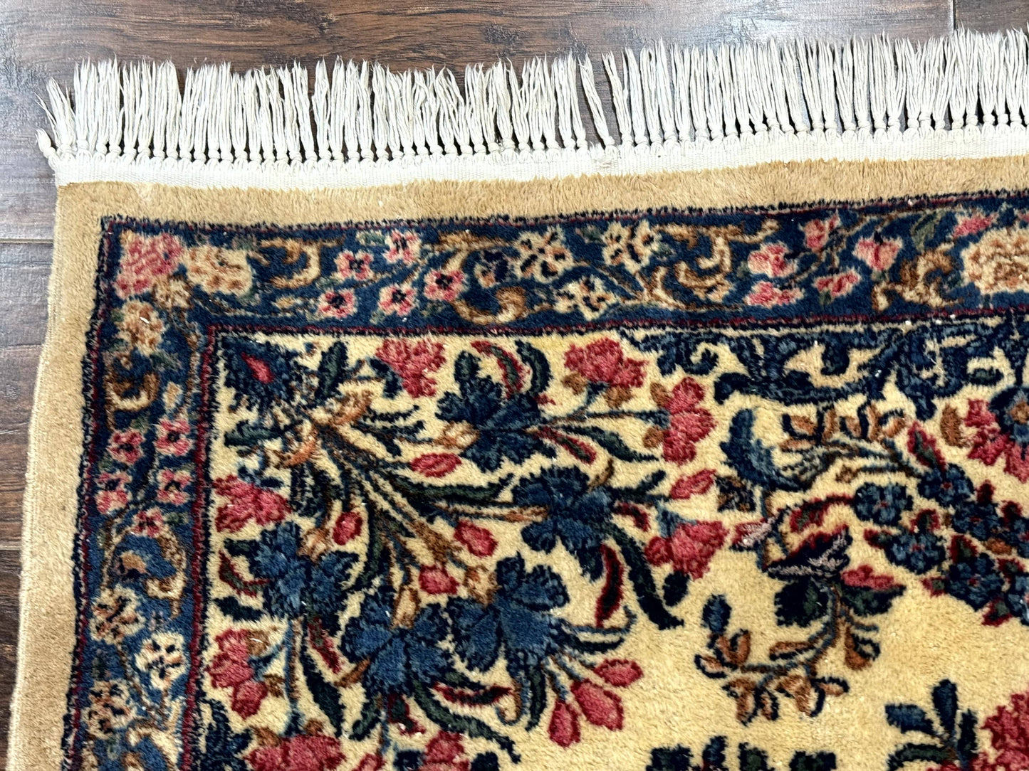Square Persian Kerman Rug 4x4, Ivory Blue Pink, Handmade, Fine 225 KPSI