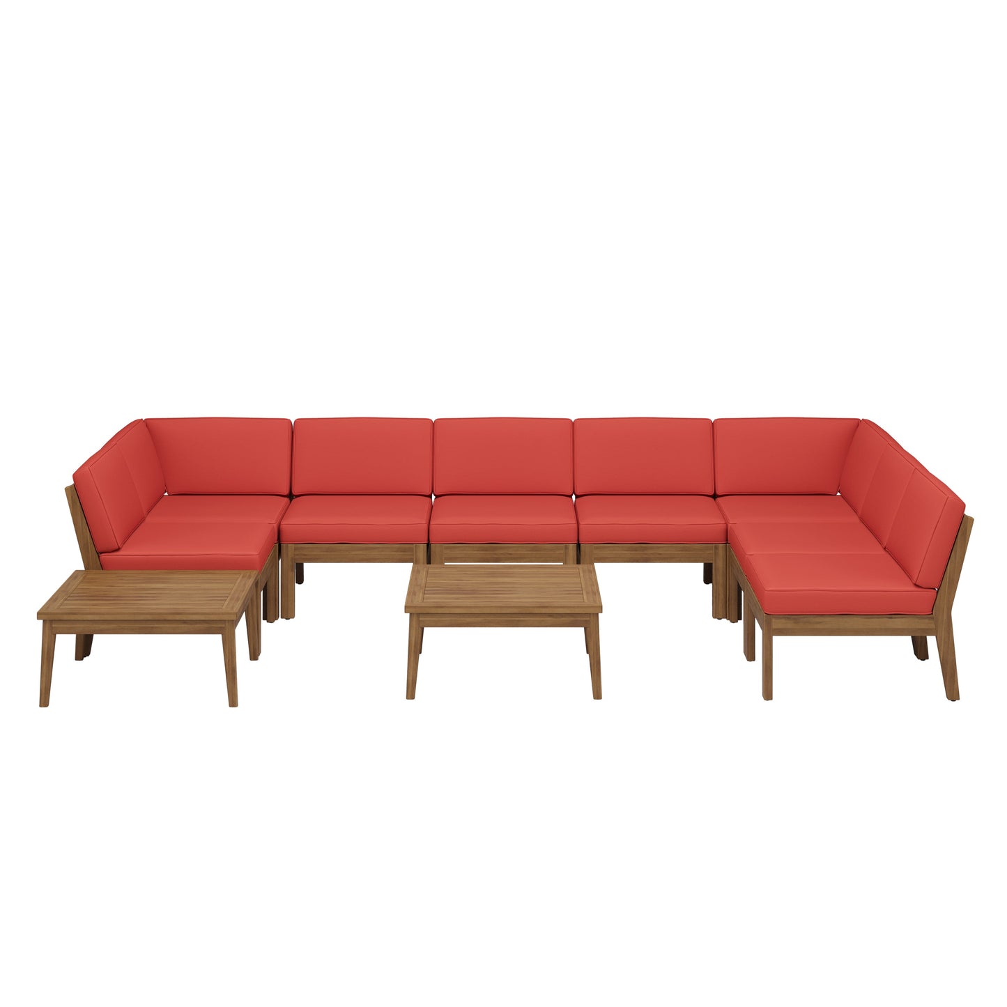 Sofa Sectional Outdoor Curved Acacia Wood Teak Finish Red Cushions 8seater