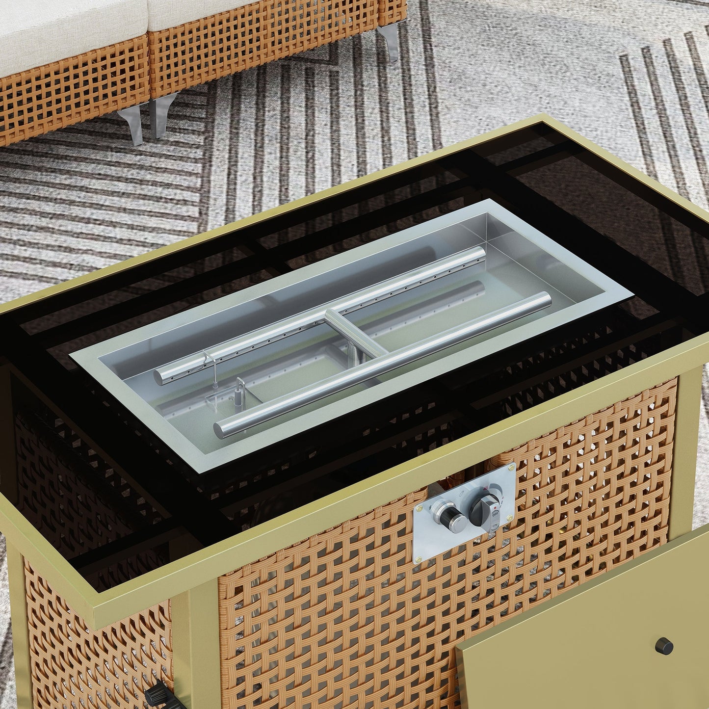 K&K 43' Rattan, Steel and Glass Propane Gas Fire Pit Table