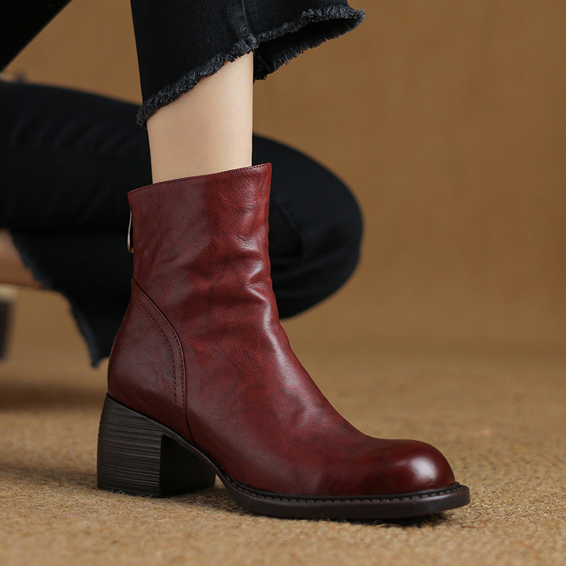 Women's Retro Pointed-Toe Ankle Boots | Chunky Heel Back Zipper Sheepskin