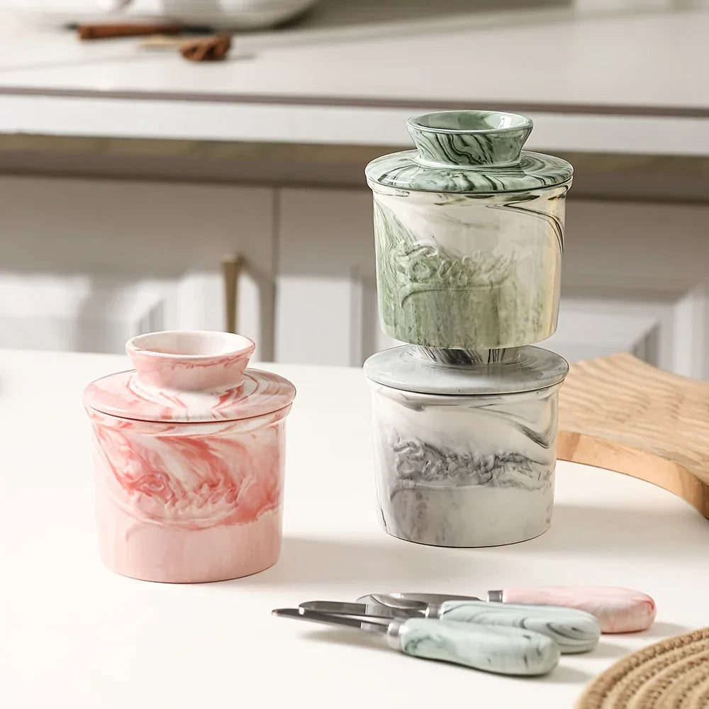 Marbled Ceramic Butter Keeper — Ivory