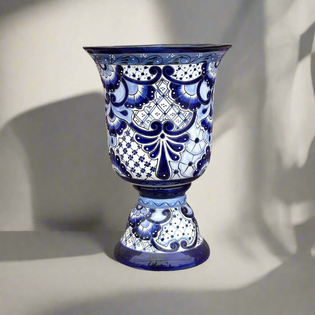 Extra Large Talavera Planter | Hand-Painted Blue Pedestal Flower Pot