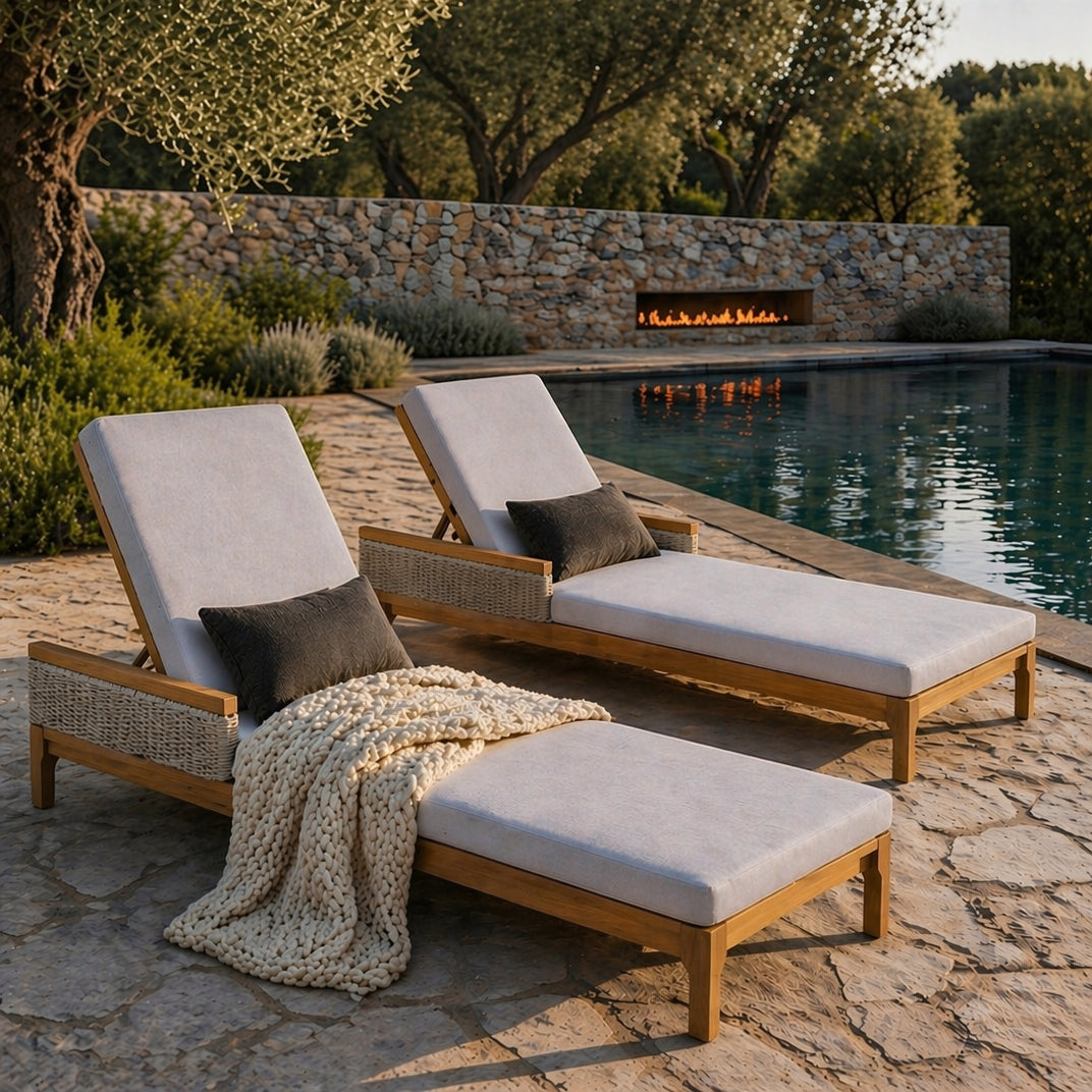 Sun Lounger Set Modern - Acacia Wood, Grey Cushions, Light Grey Wicker, 76.8in