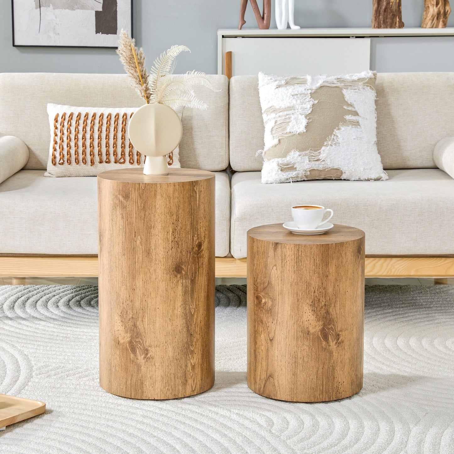 Modern Minimalist Set of Two Wood color Cylinder Coffee Tables