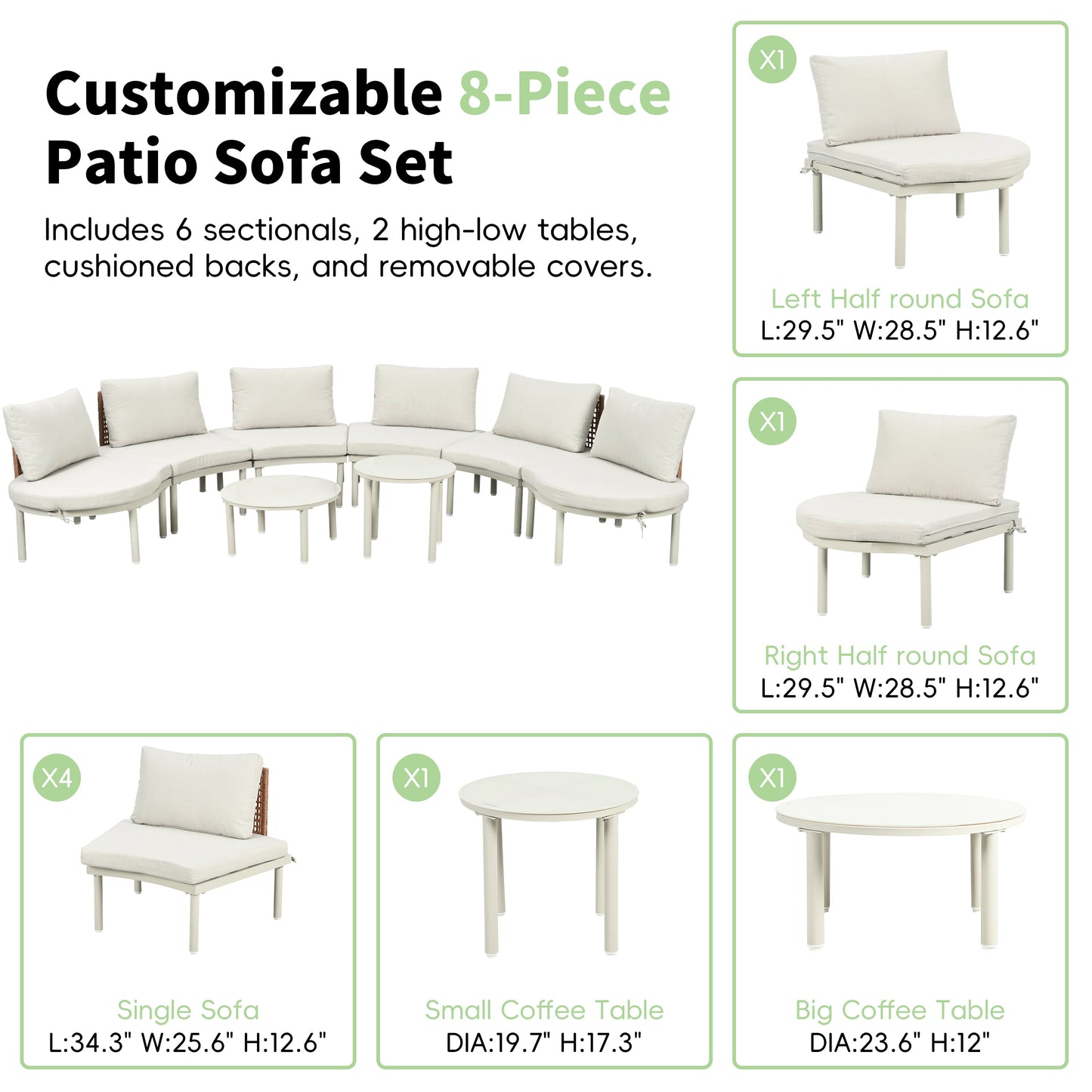 Outdoor Patio Set Half Moon Sectional with Two Coffee Tables Beige Pe Wicker