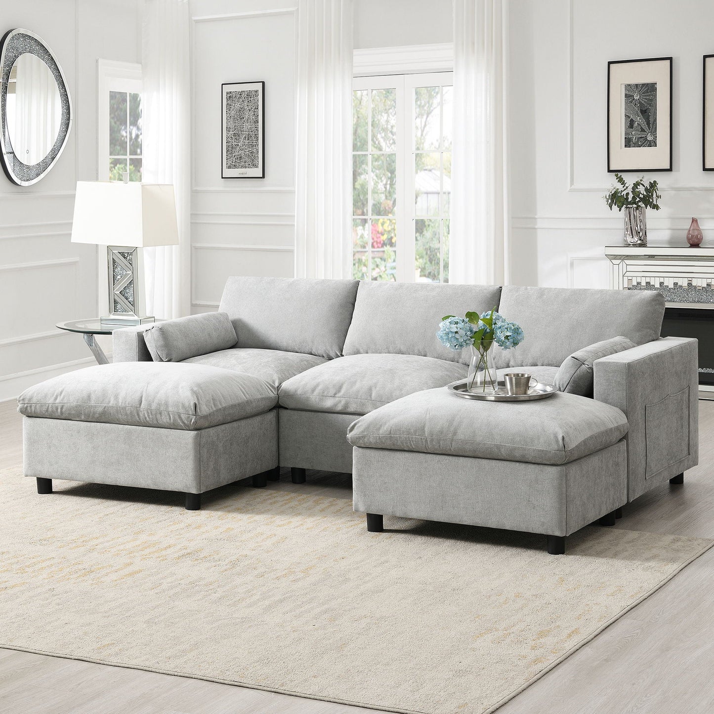 Modular Sectional With Storage Pockets, 5 Seat U Shaped Couch Set With Pillows, Free Combination Modern Cloud Sofa With 2 Movable Ottoman