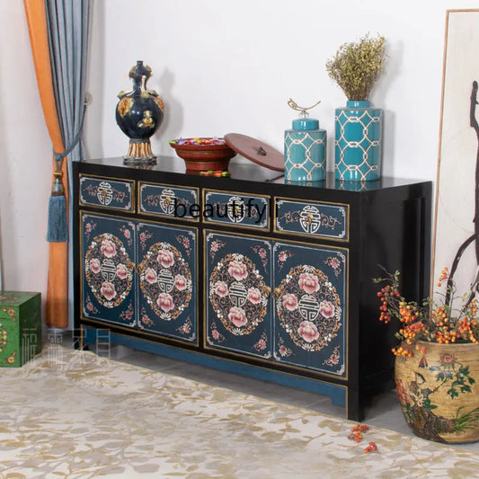 Antique-Style Chinese Hand-Painted Solid Wood Cabinet, 160 × 43 × 85 cm