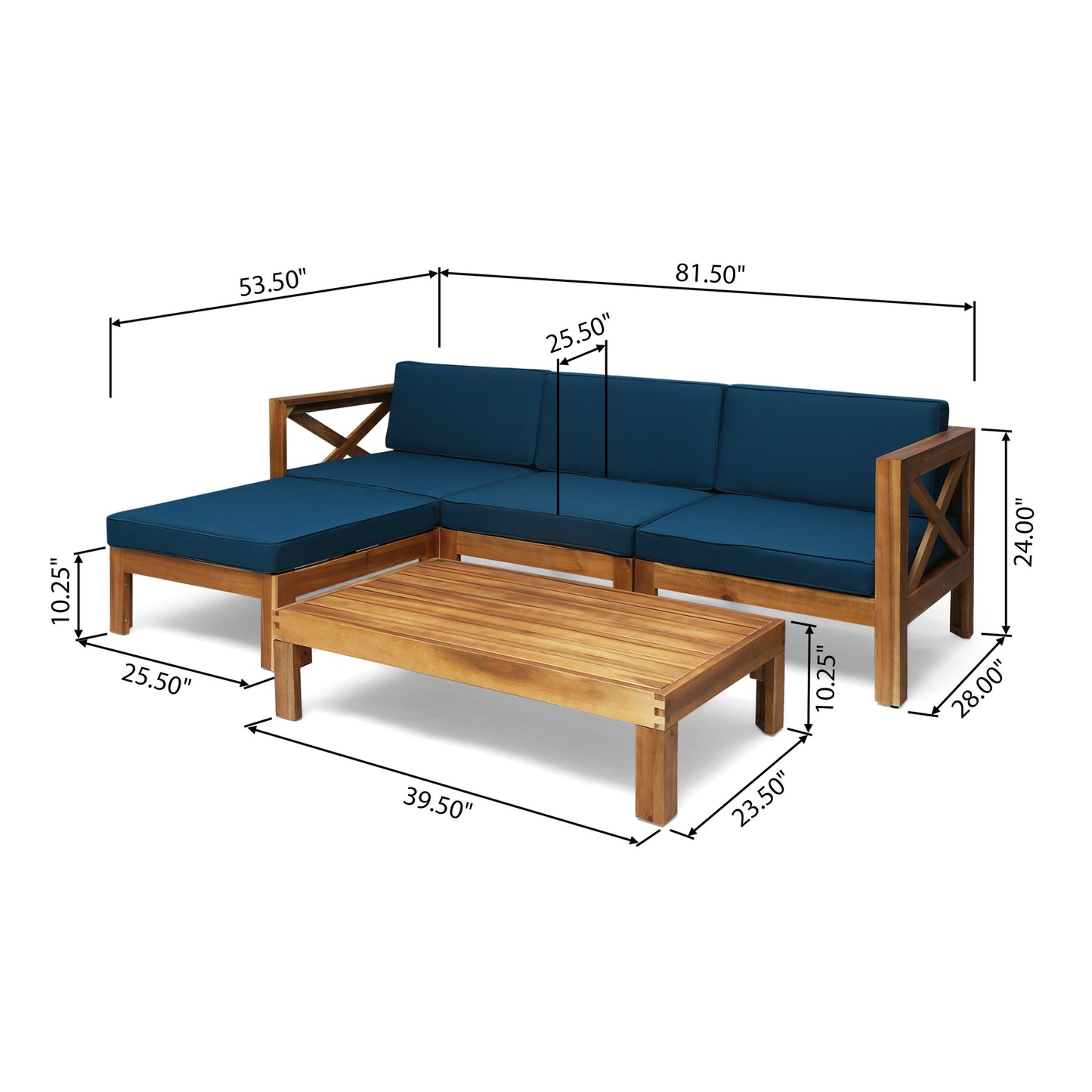 Outdoor L-Shaped Sofa Set with Coffee Table Dark Blue Cushions Teak 5-piece